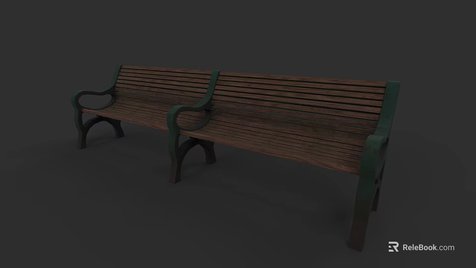 Classic Wooden Outdoor Landscape Seats With Green Metal Armrests And Legs 3d model 
