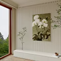 Oil Painting With White Flowers Green Background On Wall By White Cabinet Clear Vase