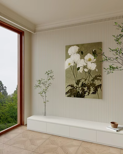 Oil Painting With White Flowers Green Background On Wall By White Cabinet Clear Vase 3d model