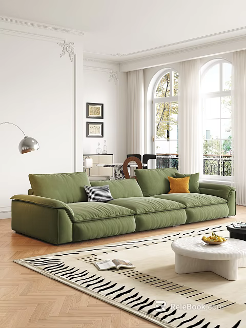 Green Three Seater Sofa in Modern Living Room with Checkered Pillow and Orange Cushion 3d model 