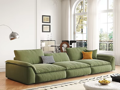 Green Three Seater Sofa in Modern Living Room with Checkered Pillow and Orange Cushion 3d model