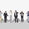 Group of people wearing VR headsets experiencing virtual reality technology