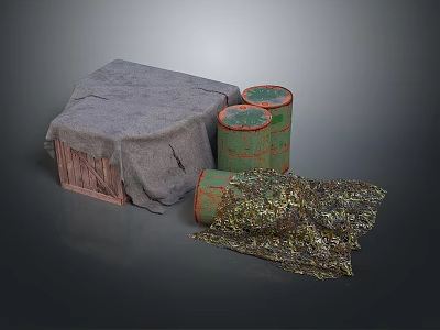 Wooden Box Covered With Gray Cloth Near Green Barrels Red Rims And Camouflage Cloth 3d model
