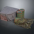 Wooden Box Covered With Gray Cloth Near Green Barrels Red Rims And Camouflage Cloth