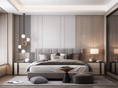 Elegant Modern Bedroom Interior With Plush Bed Upholstered Headboard Nightstands Pendant Light And Soft Rug 3d model