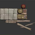 Rustic Stacked Packages With Wooden Crates Clay Pots And Logs On Dark Surface