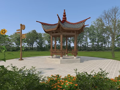 Traditional Chinese Style Pavilion In Park With Green Plants Sunflowers And Signpost 3d model