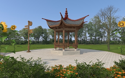 Modern park pavilion rest pavilion Chinese pavilion retro pavilion ethnic style pavilion rest stool park signage 3d model