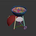 Outdoor Grill With Sausages Red Lid On Metal Stand And Wheels
