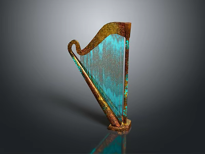 Artistic Golden Frame Harp With Blue Strings Musical Instrument Design 3d model