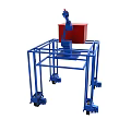 Blue Metal Frame Structure Equipped With Robotic Arm Holding Red Cube On Wheeled Base 3d model