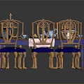 Elegant Classic Dining Furniture Set With Wooden Table Blue Cushioned Chairs And Decorative Dinnerware