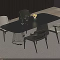 Modern Brown Dining Table Set With White Dark Chairs Wine Glasses And Vase
