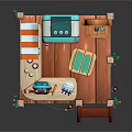 Cartoon Style Market Stall With Rabbit Shaped Cabinet Telephone Sign Striped Awning And Orange Steps