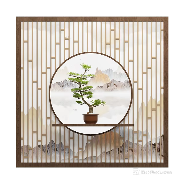 Chinese Style Room Divider Featuring Circular Decorative Panel With Pine Tree And Mountain Design 3d model