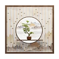 Chinese Style Room Divider Featuring Circular Decorative Panel With Pine Tree And Mountain Design 3d model