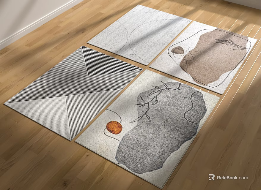 Four Square Rugs with Abstract Geometric Patterns on Wooden Floor 3d model 