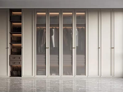 Modern Wardrobe Design With Glass Doors Wooden Frames Hanging Clothes And Internal Storage 3d model