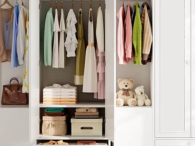 Neatly Arranged Clothes In Wardrobe With Hanging Garments Folded Items Storage Boxes And Teddy Bears 3d model