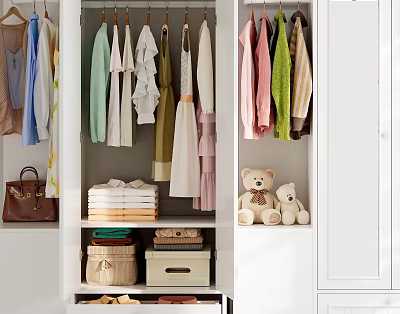 Neatly Arranged Clothes In Wardrobe With Hanging Garments Folded Items Storage Boxes And Teddy Bears 3d model
