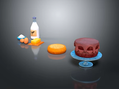 Chocolate Cake Display With Milk Eggs Butter Flour and Orange Pastry on Blue Stand 3d model