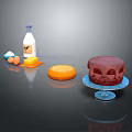 Chocolate Cake Display With Milk Eggs Butter Flour and Orange Pastry on Blue Stand