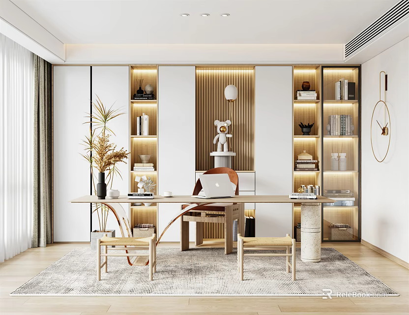 Modern Study Room Interior With Wooden Desk Chairs Built in Bookshelves And Warm Lighting 3d model 