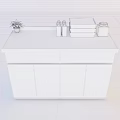 Modern Storage Cabinet With Gray Countertop Green Plant White Bottles Boxes And Container
