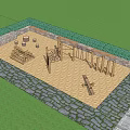 Outdoor Children's Play Area With Wooden Climbing Frames Sandy Ground And Trees