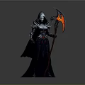 Hooded Armored Woman Holding Flaming Scythe In Dark Mystical Attire