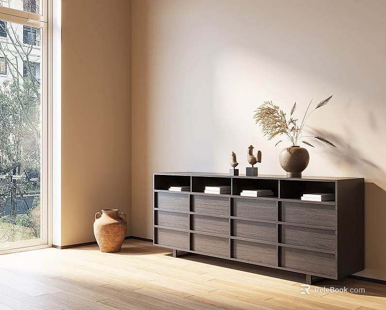 Dark Wooden Chest of Drawers With Natural Light From Window Green Plants And Decorative Items 3d model 