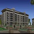 Modern Mid Rise Residential Building With Evening Landscaping Fountains And Pedestrians