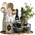 Stylish Kitchen Utensils With Glass Bottles Green Plants Mugs And Wooden Tray