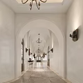Elegant Shopping Mall Corridor With Arched Doorways Chandeliers And Marble Flooring