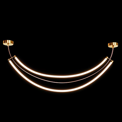 Modern Gold Chandelier With Curved LED Light Strips And Ceiling Mounted Brackets 3d model