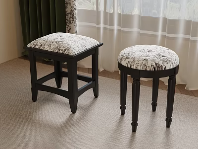 Two Black Stools With Patterned Fabric Seats In Room With Curtains And Carpet 3d model