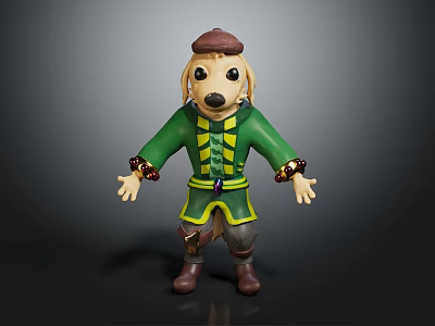 Cartoon Character Creature Wearing Green Jacket Yellow Trim Brown Hat Stretching Hands 3d model