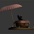 Avocado Topped With Pink Striped Umbrella And Red White Checkered Cloth On Yellow Round Base
