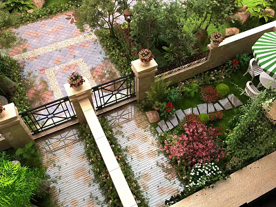 Garden Landscape Design With Wrought Iron Gate Stone Path And Lush Green Plants 3d model