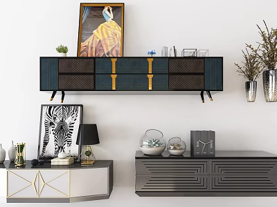Modern TV Stand With Gold Accents And Decorative Shelf Featuring Artwork And Plants 3d model