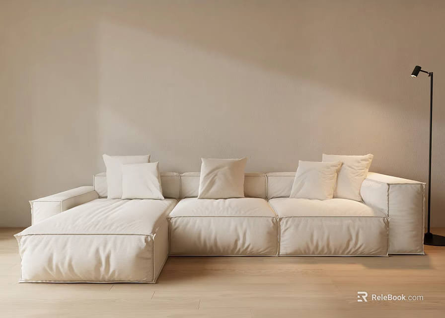 Minimalist Sectional Sofa With Light Pillows And Floor Lamp On Wooden Floor In Bright Room 3d model 
