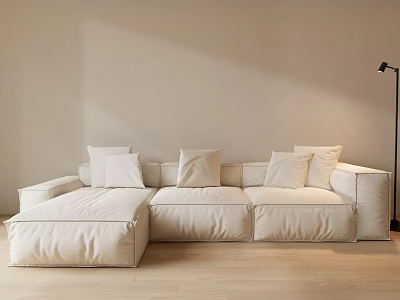 Minimalist Sectional Sofa With Light Pillows And Floor Lamp On Wooden Floor In Bright Room 3d model