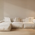 Minimalist Sectional Sofa With Light Pillows And Floor Lamp On Wooden Floor In Bright Room