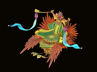 Cartoon Character On Winged Chair With Orange Wings Green Cushion Purple Staff And Blue Ribbons 3d model