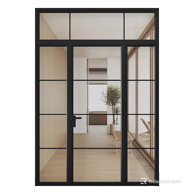 Modern Glass Sliding Door With Black Frame In Interior Space Wooden Floor And Plant 3d model 