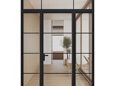 Modern Glass Sliding Door With Black Frame In Interior Space Wooden Floor And Plant 3d model