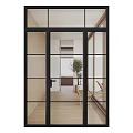 Modern Glass Sliding Door With Black Frame In Interior Space Wooden Floor And Plant