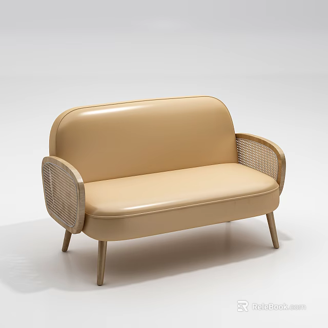 Beige Leather Multi Seater Sofa With Woven Armrests And Slender Wooden Legs 3d model 