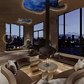 Unique Restaurant Interior With Blue Cloud Ceiling Textured Walls Fireplace Piano Sofa And Staircase