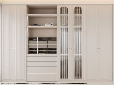 Modern Cream Wardrobe With Open Shelves Drawers And Vertical Stripe Glass Doors 3d model